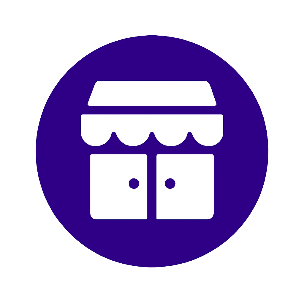White storefront icon with awning in a purple circle representing a local cleaning business using SEO to rank on Google