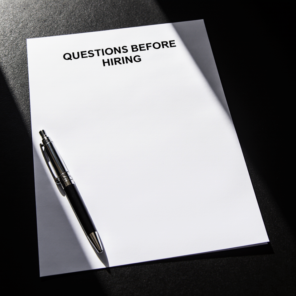 Document titled “Questions Before Hiring” on a desk representing evaluating a marketing agency before committing.