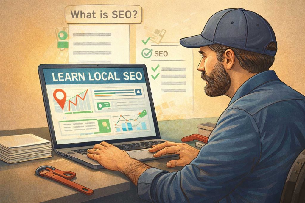 Service business owner learning local SEO on a laptop to understand how search visibility works before outsourcing marketing.