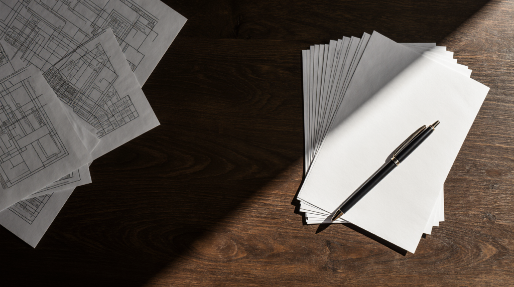 Organized stack of documents and architectural blueprints representing structured local SEO sequencing for small businesses.