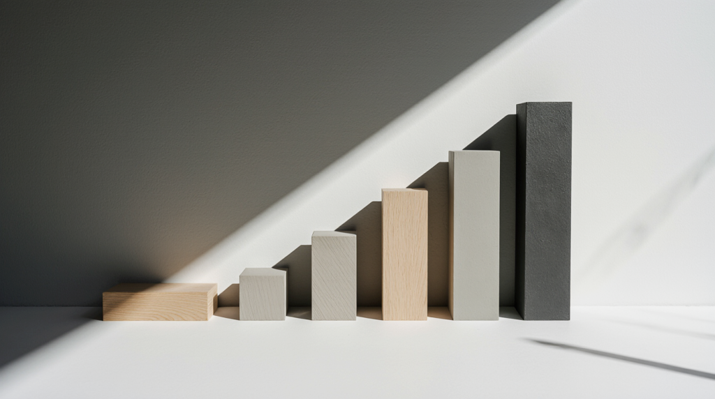 Ascending geometric blocks arranged in sequence illustrating how structured local SEO systems compound over time.