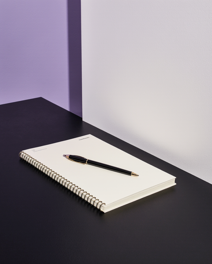 Minimal workspace with notebook and pen representing structured SEO decision-making