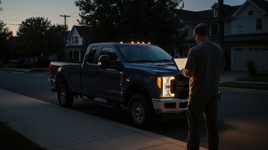 Contractor reviewing job locations beside work truck illustrating local SEO visibility challenges