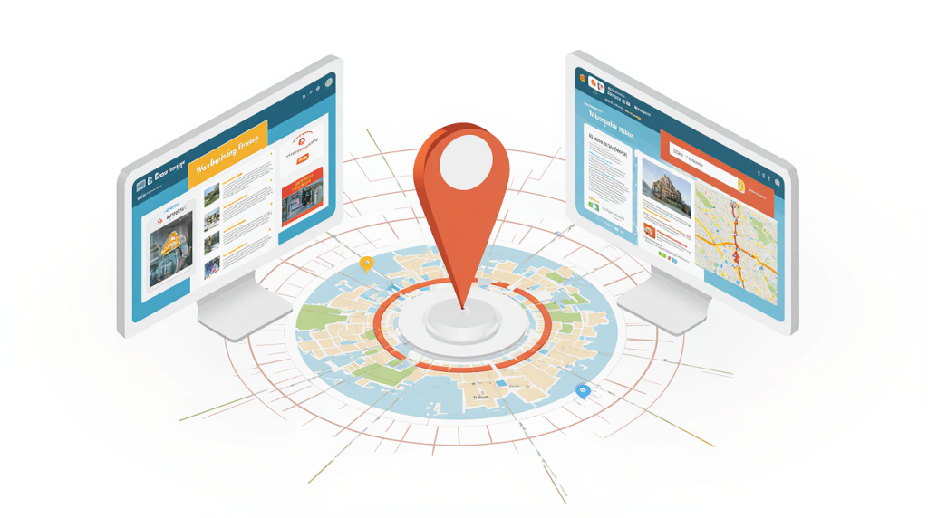 Illustration showing Google Maps search results changing based on the user's location within a city.