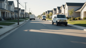 Service vans on a residential street illustrating how Google Maps visibility varies by location.