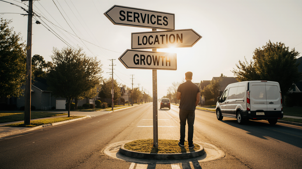 Service business owner standing at a crossroads choosing between services, location, and growth directions