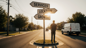 Service business owner standing at a crossroads choosing between services, location, and growth directions