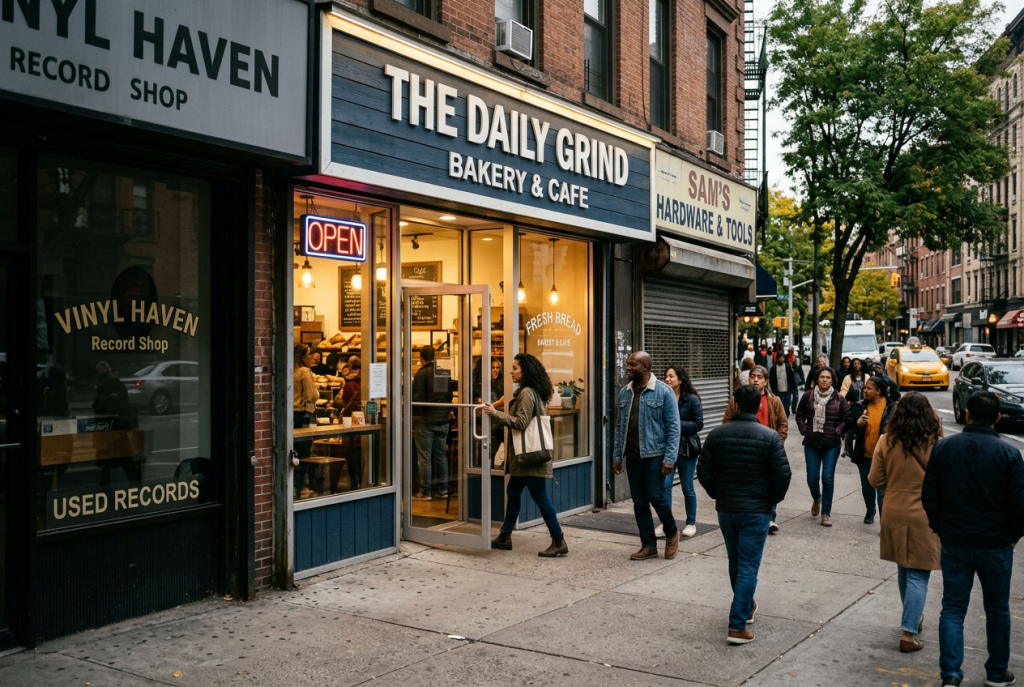 A busy storefront with customers while nearby businesses appear unclear, representing how business classification affects visibility