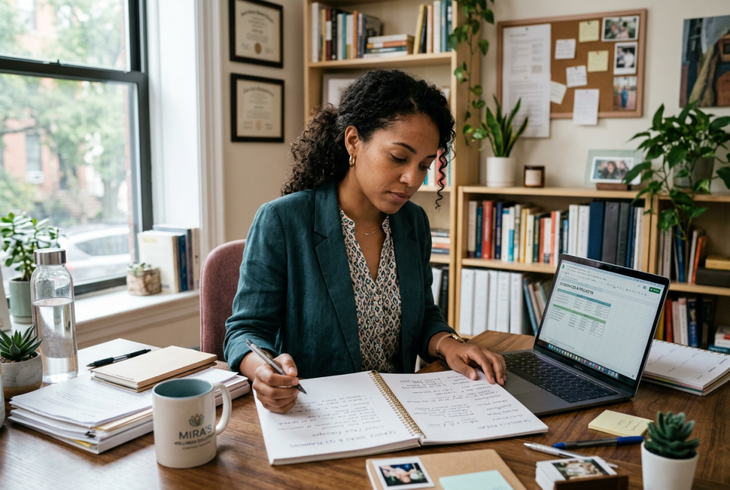 Small business owner reviewing and organizing service offerings while working at a desk