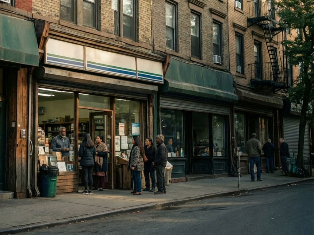 One local storefront with customer activity while nearby businesses have little foot traffic showing differences in visibility