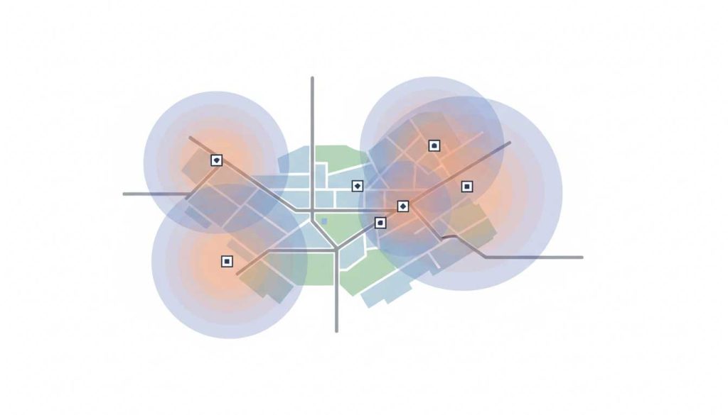 Illustration showing Google Maps ranking factors and local visibility zones around business locations