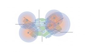 Illustration showing Google Maps ranking factors and local visibility zones around business locations