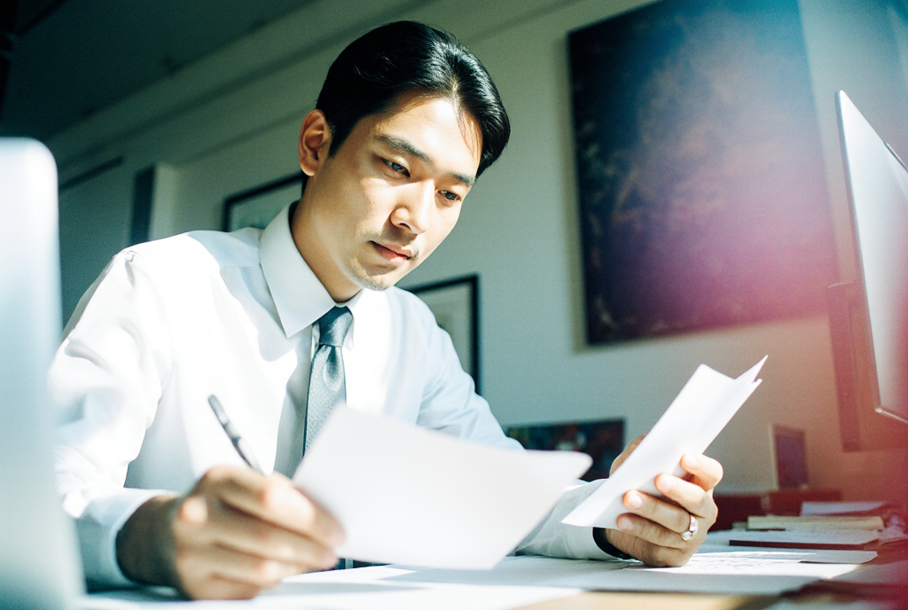 Service business owner reviewing a website to evaluate trust and authority before contacting a business