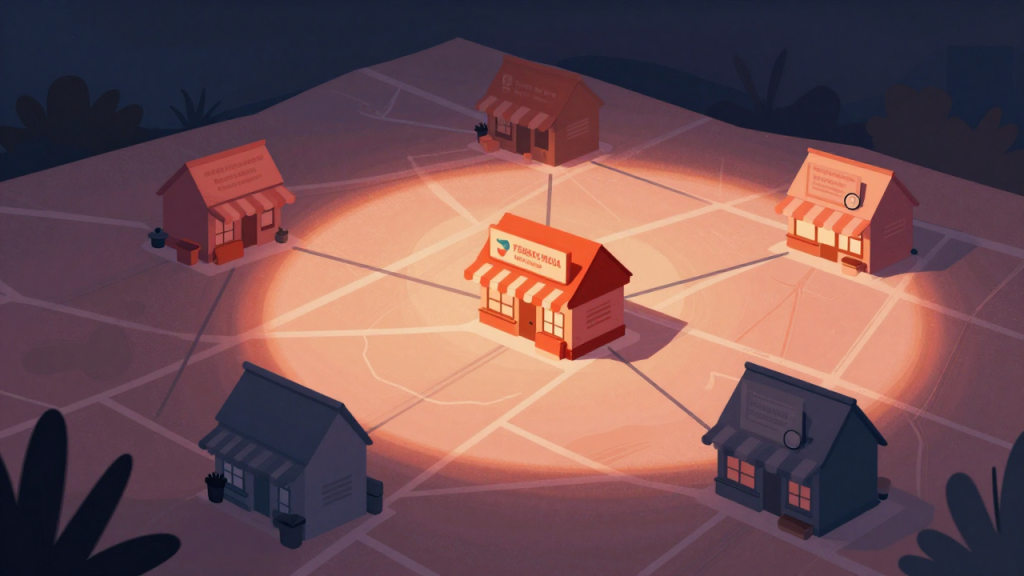 Illustration showing one local business highlighted while others are not visible, representing SEO visibility and why some businesses rank higher in local search.