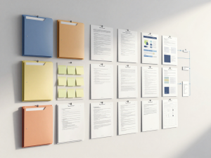 Organized website page and keyword assignment system displayed visually with categorized documents and structured business materials