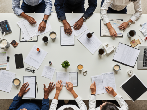 Organized service business team reviewing structured workflow documents and operational materials during a planning session