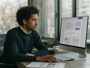 Service business owner reviewing website structure and local search visibility strategy on a desktop computer