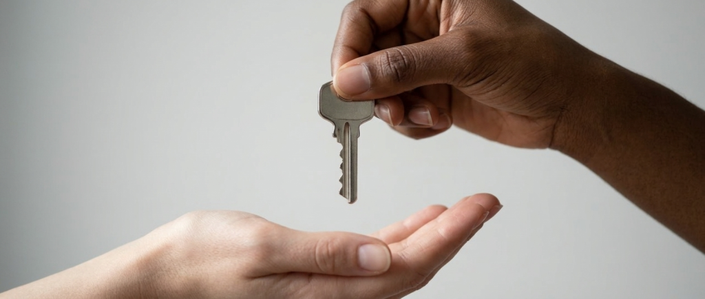 Illustration of a person giving keys to another representing key takeaways from the Google Business Profile Guide