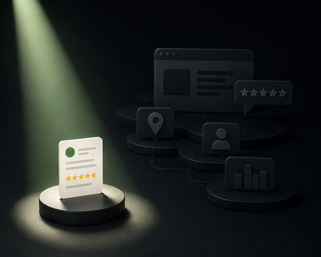 Spotlight highlighting a business profile with five-star reviews among local search ranking factors