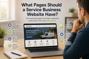 Website structure diagram showing homepage, service pages, location pages, and supporting pages for a service business website.