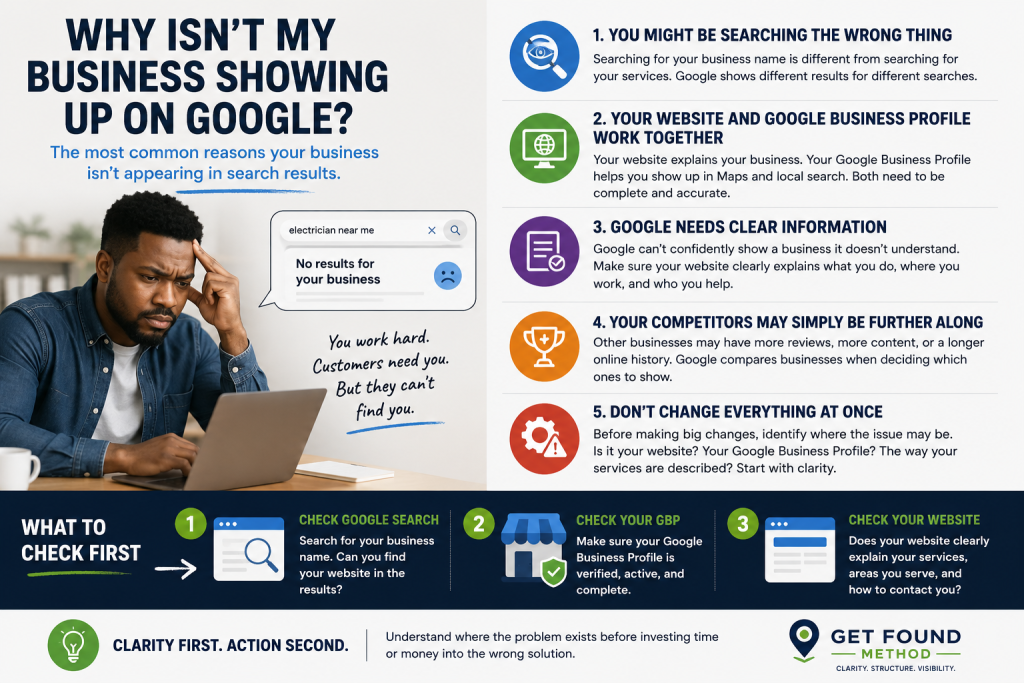 Illustration of a service business owner wondering why their business isn't showing up on Google, highlighting the website, Google Business Profile, reviews, and competition as factors that influence search visibility.