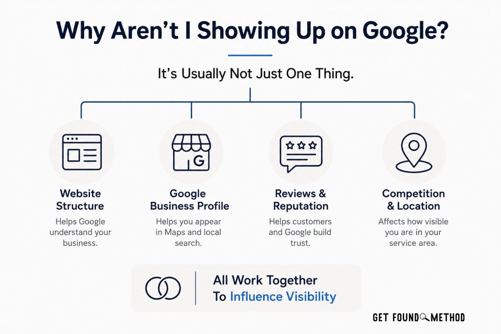 Service business owner searching Google and wondering why their business isn't appearing in search results.