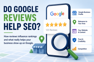 Feature illustration showing how Google Reviews support local SEO alongside other ranking factors, including a Google Business Profile, website content, local relevance, trust, and competition.