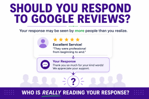 Illustration showing a customer review and business response, asking who is really reading your response to Google reviews.