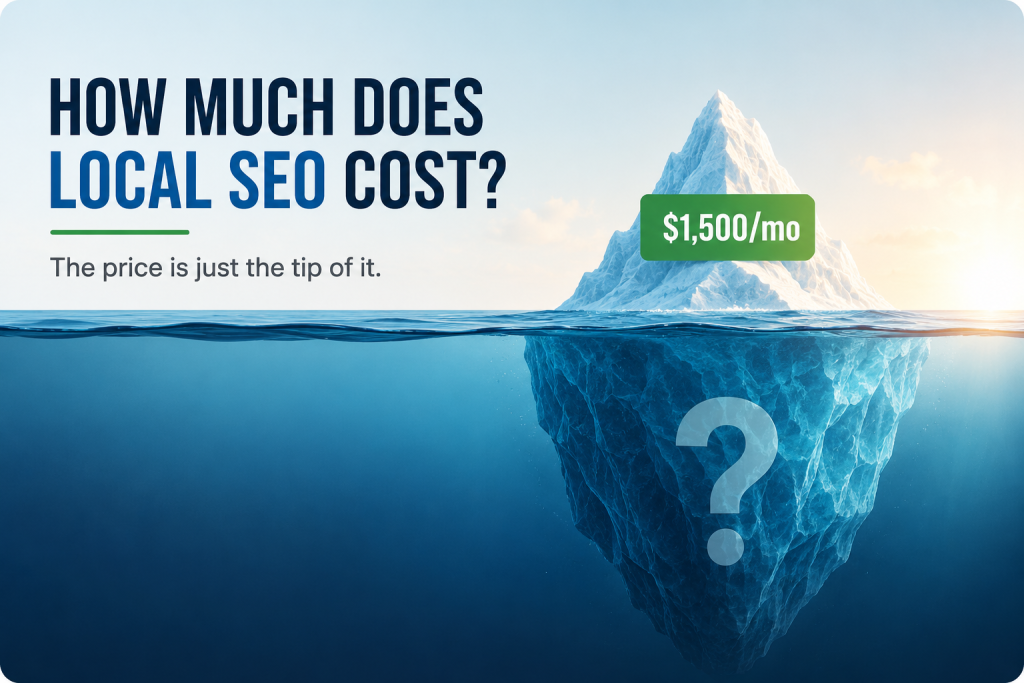 How much does local SEO cost? Iceberg graphic showing a $1,500 monthly SEO price with more hidden beneath the surface.
