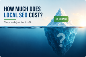 How much does local SEO cost? Iceberg graphic showing a $1,500 monthly SEO price with more hidden beneath the surface.