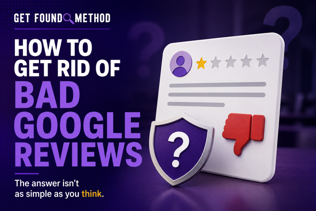 Feature image for the Get Found Method article "How to Get Rid of Bad Google Reviews," showing a negative review card with a shield and question mark to represent when reviews may or may not be removed.