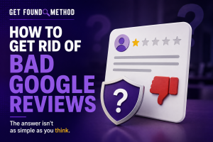Feature image for the Get Found Method article "How to Get Rid of Bad Google Reviews," showing a negative review card with a shield and question mark to represent when reviews may or may not be removed.