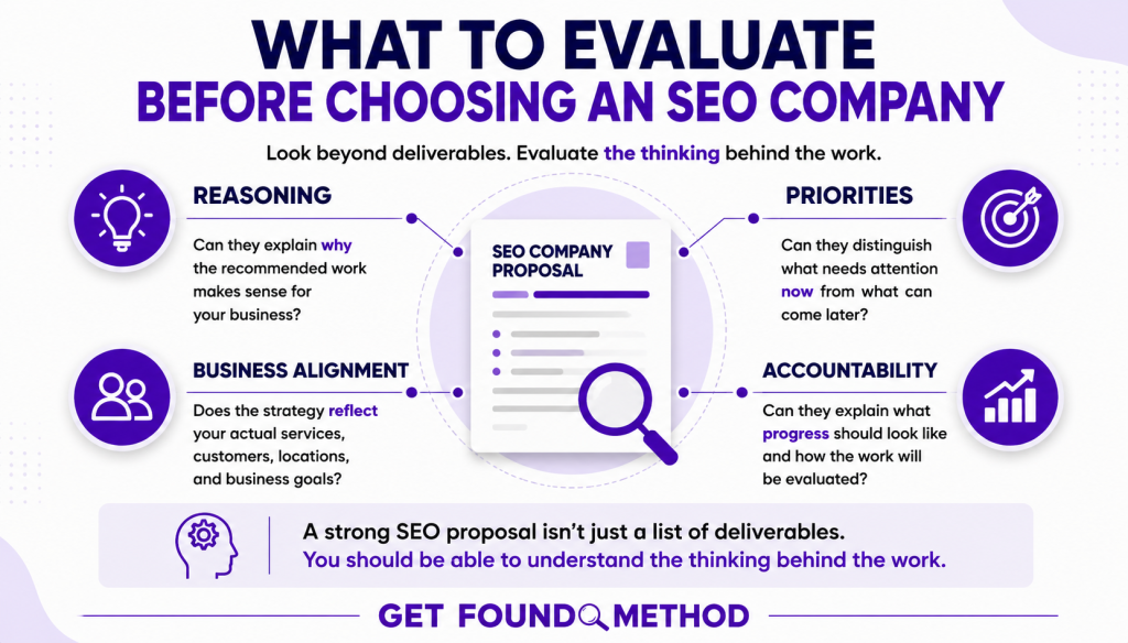 Infographic showing four areas to evaluate when choosing an SEO company: reasoning, priorities, business alignment, and accountability.