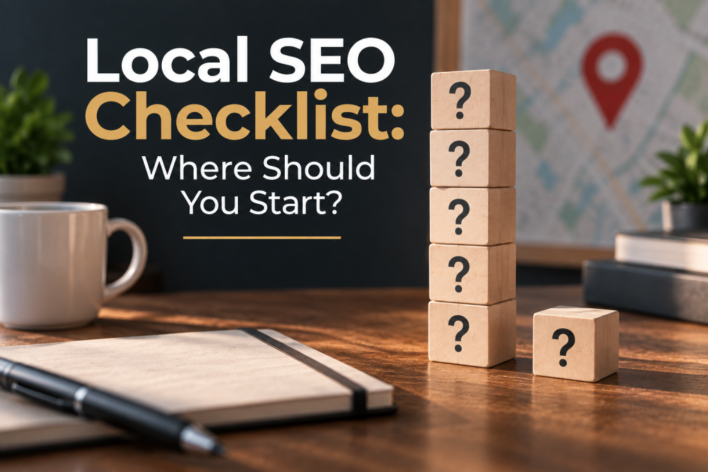 Wooden question mark blocks representing where to start with a local SEO checklist.