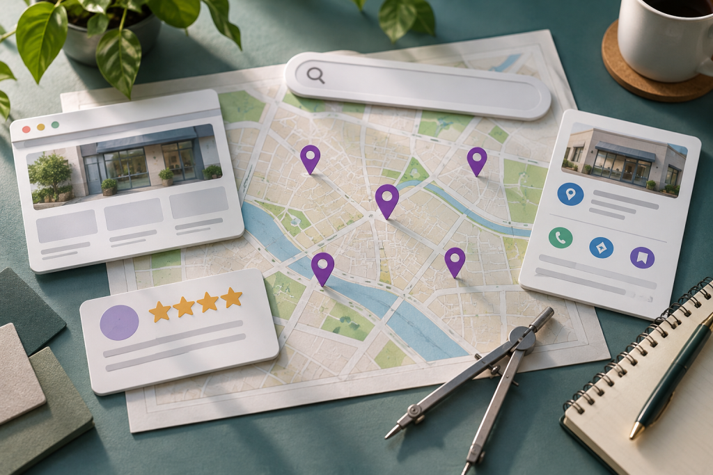 Local SEO strategy planning table with a map, location pins, website and business profile cards, and customer reviews.