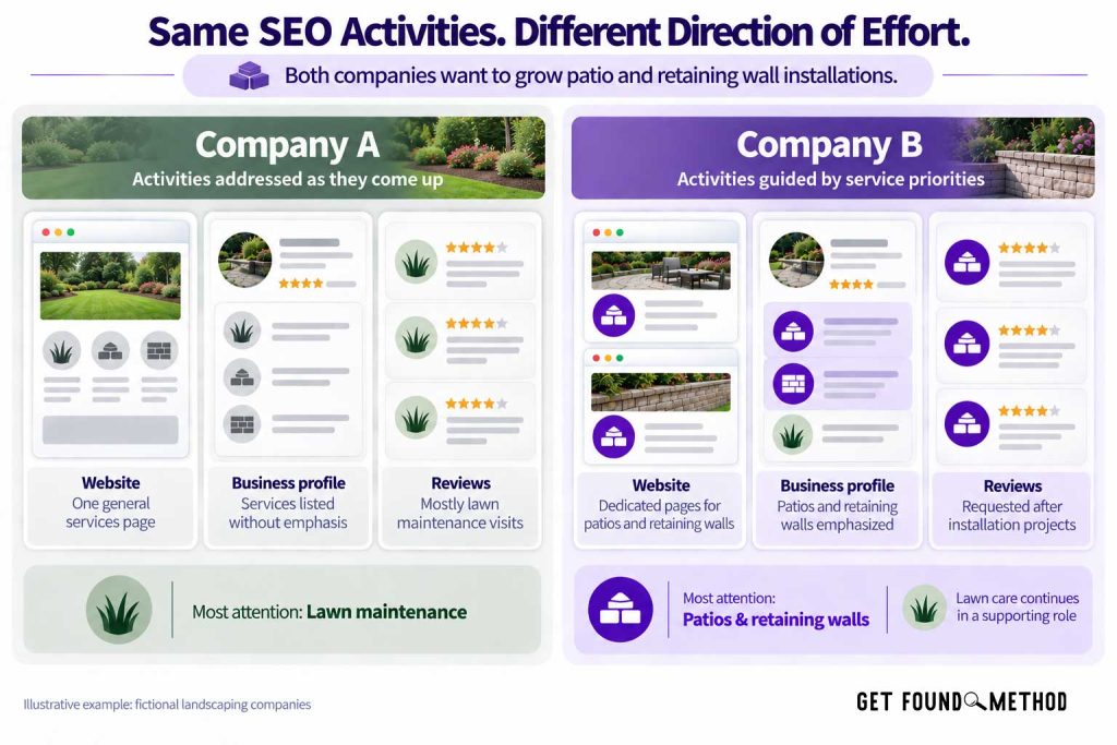 Side-by-side comparison of two landscaping companies using websites, business profiles, and reviews. Company A’s SEO attention centers on lawn maintenance, while Company B aligns those activities with patio and retaining wall installations.