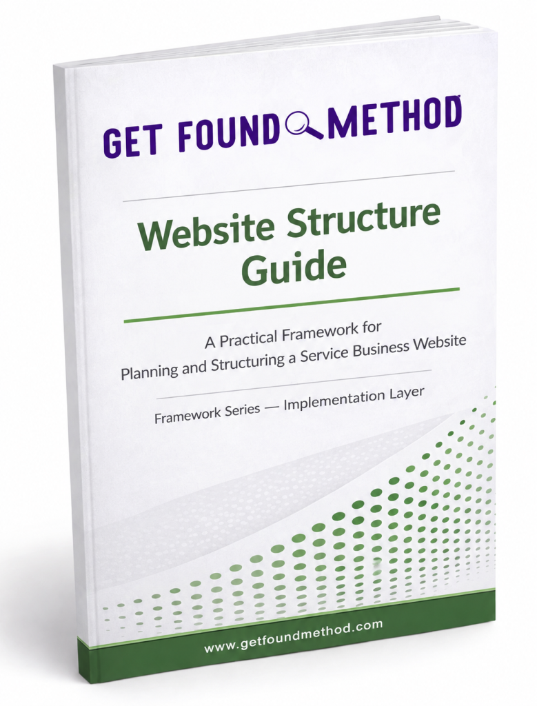 3D product mockup of the Get Found Method Website Structure Guide, a digital guide for planning and organizing a service business website.