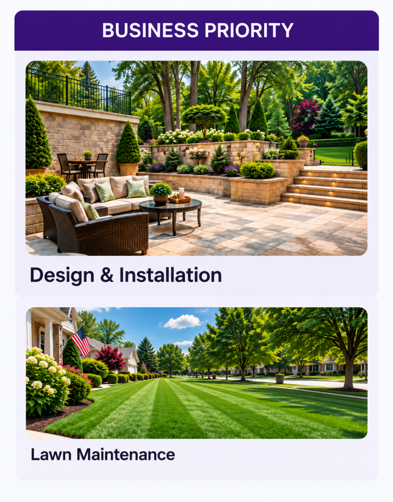 Business priorities for a landscaping company, showing design and installation as the primary service and lawn maintenance as secondary.