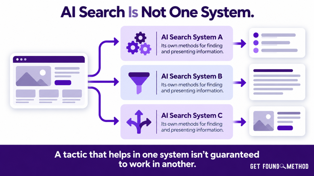 Infographic showing one set of business information feeding into three different AI search systems, each producing a differently shaped answer. A tactic that helps in one system isn't guaranteed to work in another.