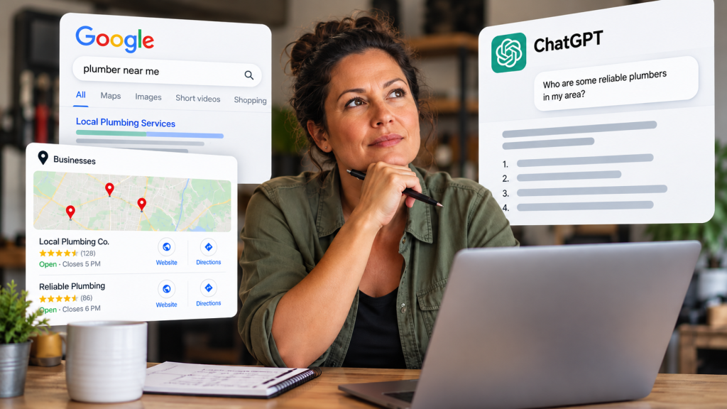 Woman at a laptop considering Google local search results and a ChatGPT answer for nearby plumbers.