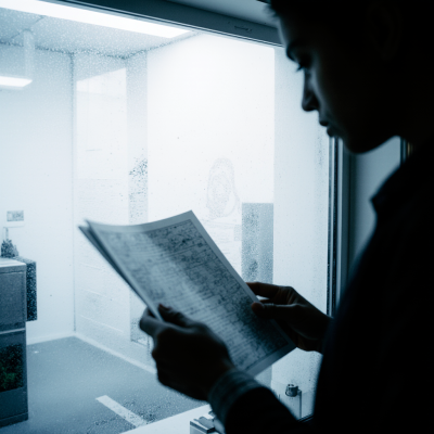 Small business owner reviewing documents near a window while evaluating local SEO progress